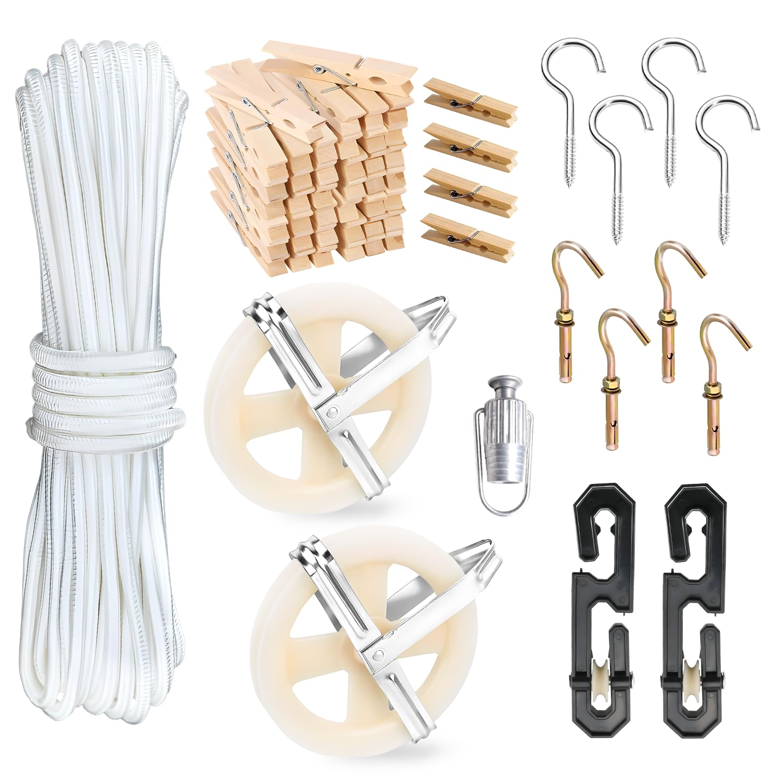 Clothes Line Outdoors, Clothes Line Pulley Kit Include 164ft Polyester Ropes, Clothesline S-Separators, Clothesline Tightener and Clothespins