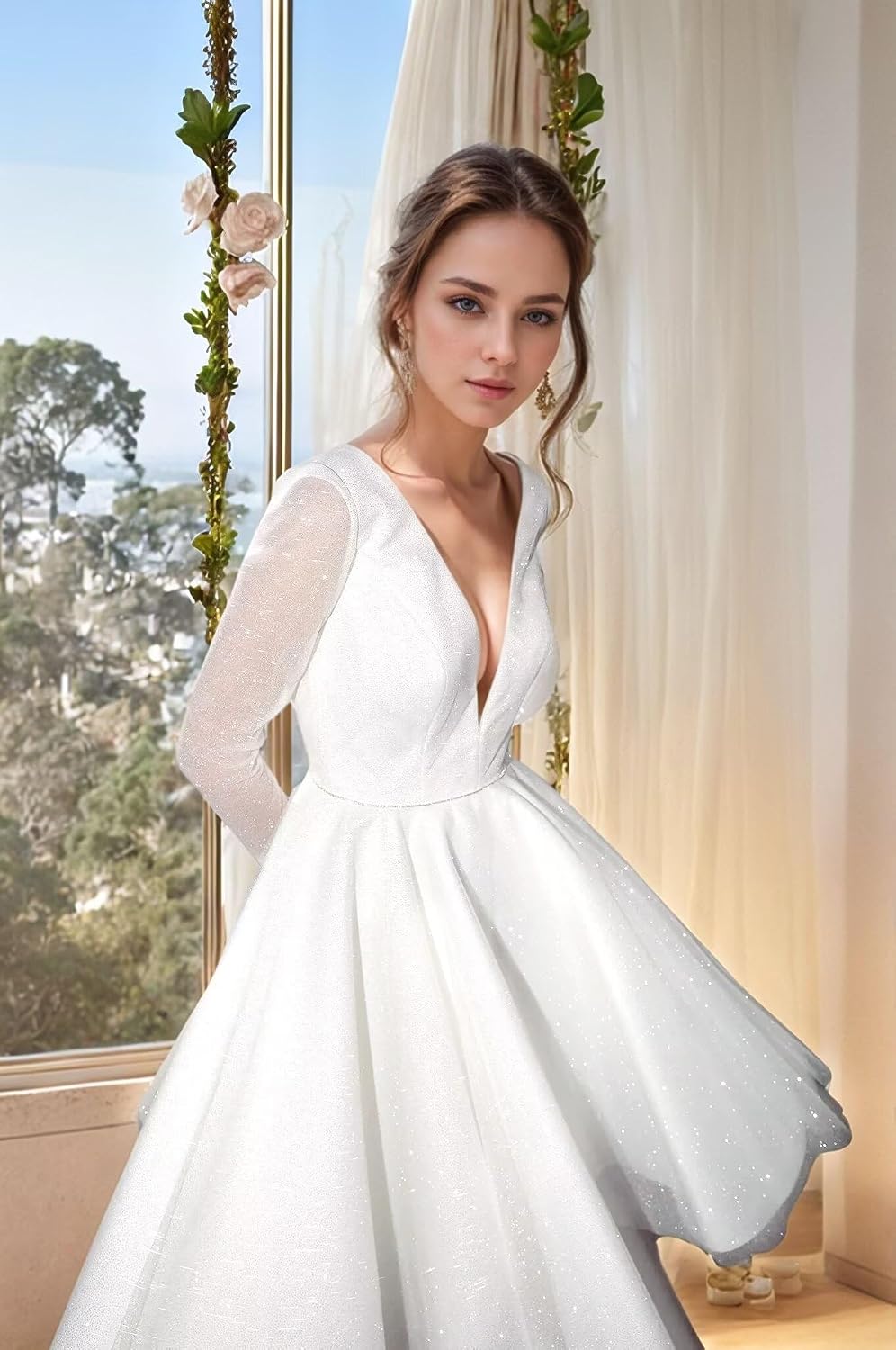 Short Wedding Dresses for Bride Simple Tea Length Satin Mini Boho Court House Bridal Gown with Sleeves