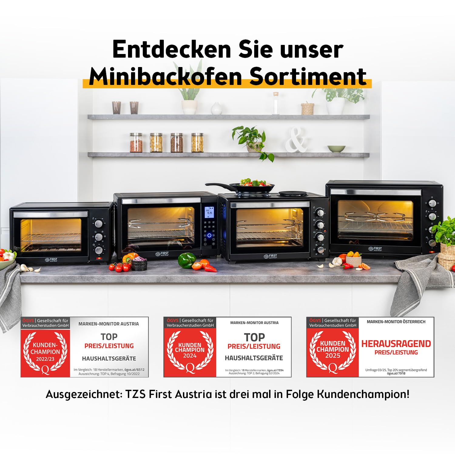 TZS First Austria - Minibackofen Digital 30L 1600W - Mini Backofen stufenlose Temperaturregelung bis 230°C - Miniofen 60 Min-Timer, 3 Einschubhöhen, Backblech & Grillrost - Für kleine Küchen & Camping