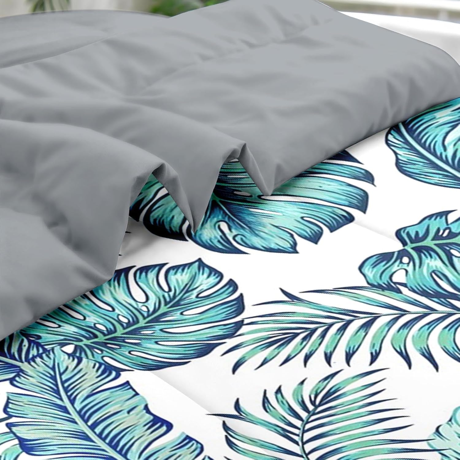 Pamnest Comforter Set Queen Size, Blue Beach Geometric 7 Pcs Bedding for Kids and Adults, Palm Leaf Floral Tree Bed Sheet Sets with Fitted Sheet 2 Pillowcases & 2 Shams for Bedroom Bed Decor