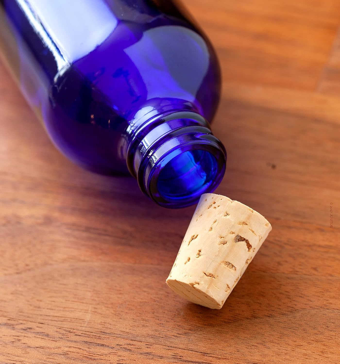 JUVITUS 16 oz Cobalt Blue Glass Boston Round Bottle with Cork Stopper Closure (4 Pack) + Funnel