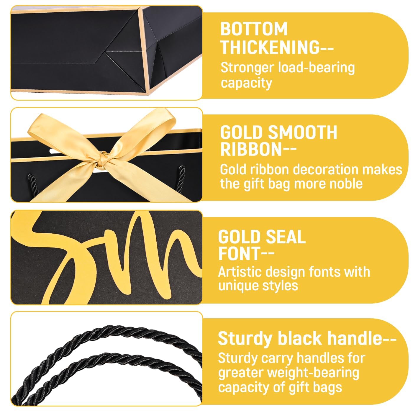 Large 5 Senses Gift Bags for Him Her, Gold Foil Sight Smell Touch Taste Sound Gift Bags,Five Senses Gift Bag for Him with Handles and Tissue Paper for Birthday, Mothers Day, Anniversary, Christmas12 x 10 x 4 Inch (Black)