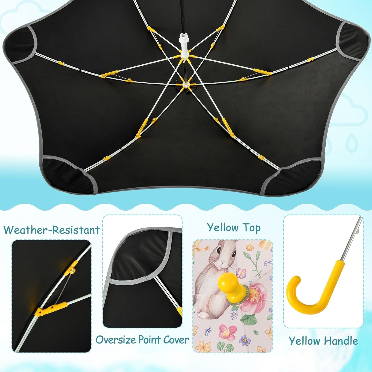 ODAWA Rabbit Flowers Stick Umbrellas for Kids with Rounded Corner Rounded Tips Rain Umbrellas Age 3-8