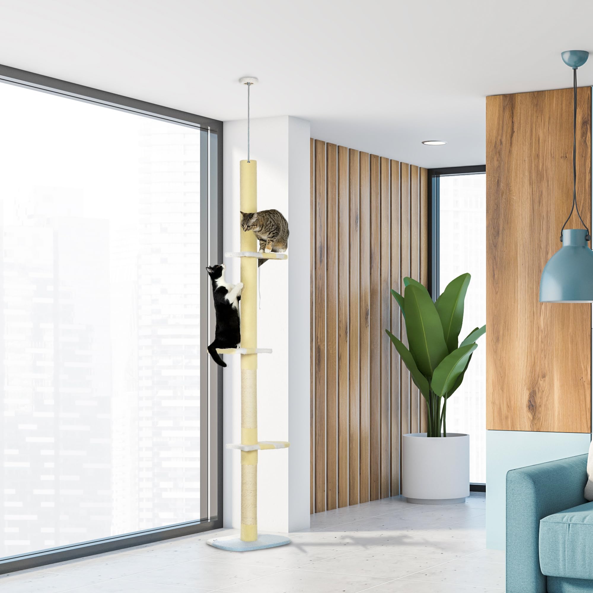 PawHut Árbol para Gatos del Suelo al Techo 220-260 cm Rascador Amarillo | Rascador para Gatos, 3 Plataformas, Poste Altura Ajustable, Escalador de Sisal, Bola para Jugar, 47x34x220-260 cm