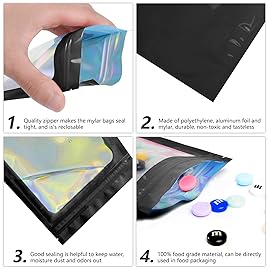 Funfery 100 pcs Black Smell Proof Mylar Holographic Bags Packaging Bags,Clear Resealable Odor Proof Bag Foil Pouch Zipper Bag for Food Storage,Gloss,Jewelry,Lash Packing for Small Busines(3.1x5.1In)