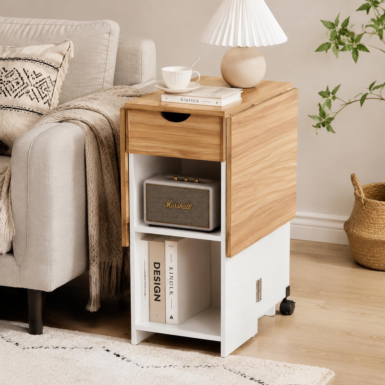 Mondeer Tavolo da pranzo, tavolo da cucina pieghevole per 4-6 persone, tavolo pieghevole con cassetto e 2 ripiani aperti per piccoli spazi, sala da pranzo, cucina, 120 x 72 x 75 cm, bianco+rovere