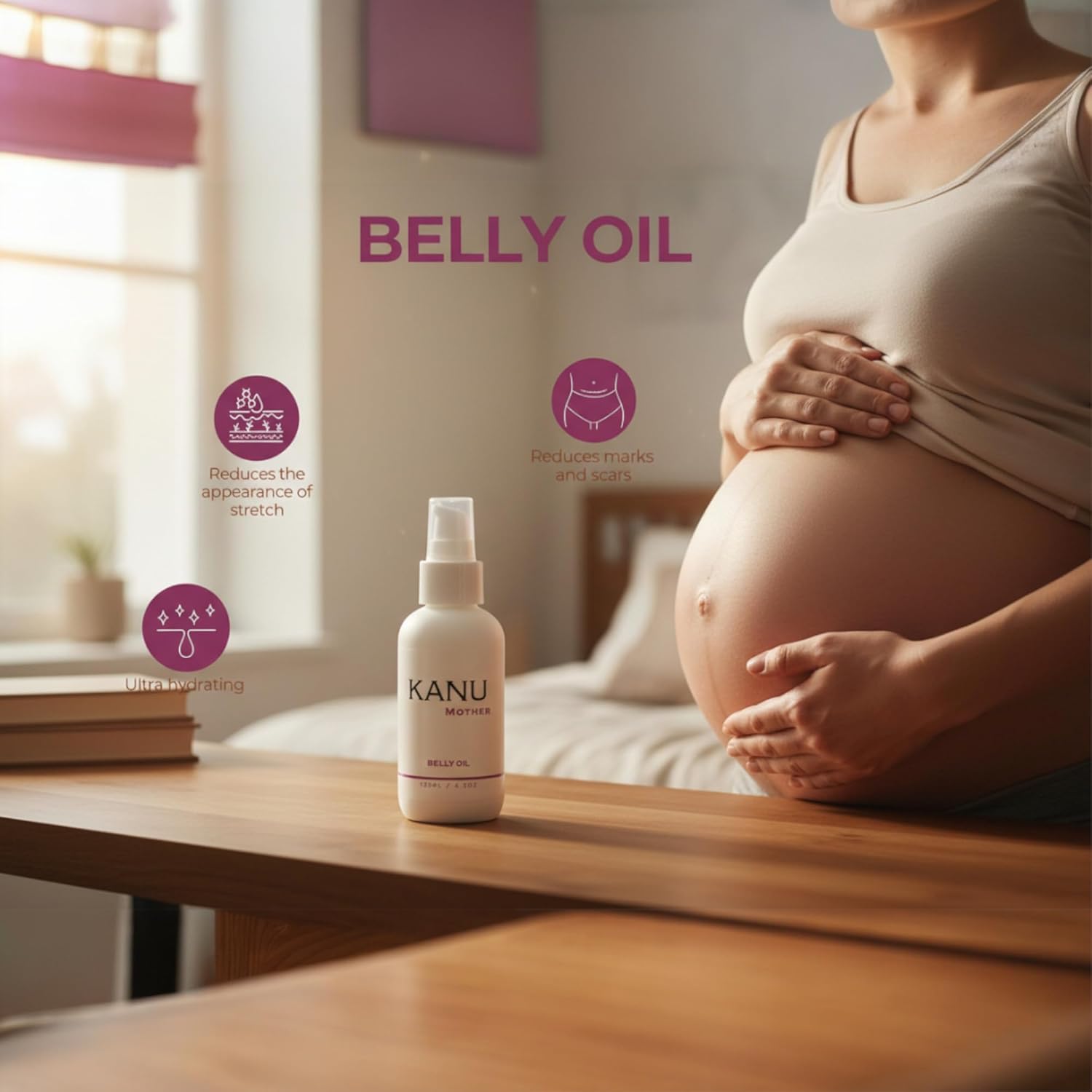 KANU Mother Belly Oil 4.2 oz- Scar and Stretch Mark Oil For Pregnant Women- Enriched with Almond Oil, Shea Butter And Vitamin E to Hydrate & Moisturize Skin- Hypoallergenic- Made in the USA