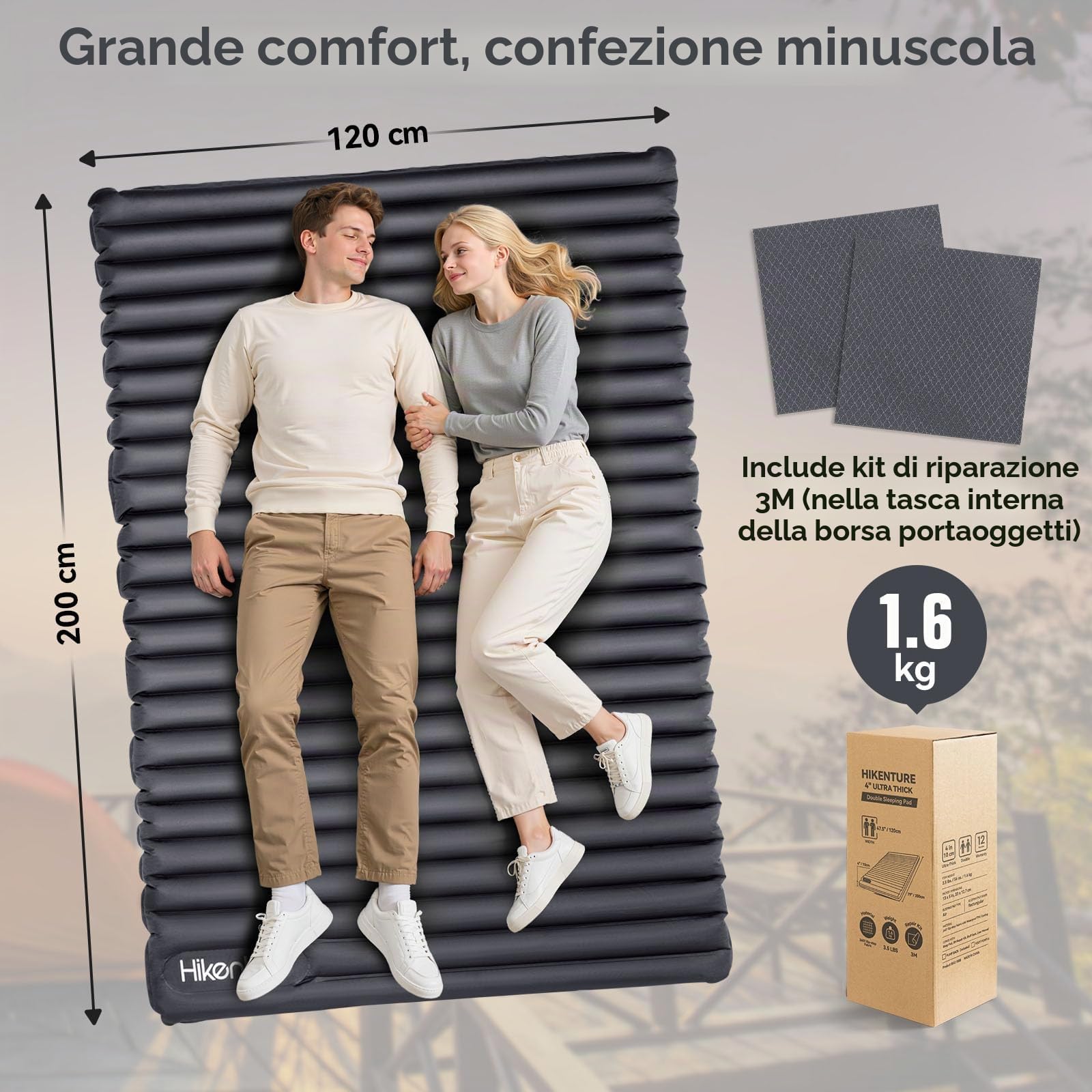 HIKENTURE materassino da campeggio ultraleggero con doppio materassino gonfiabile per 2 persone, materasso ad aria