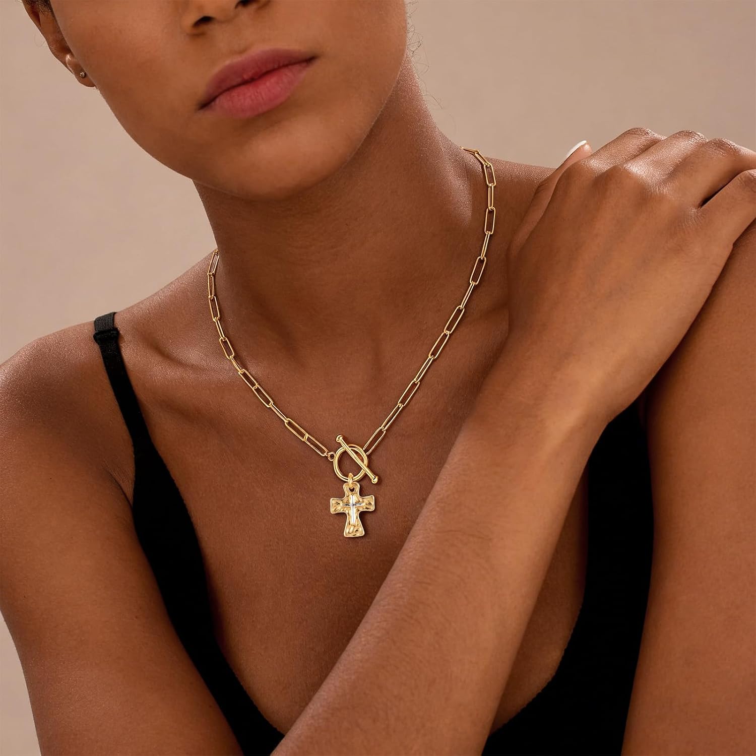 Chunky Cross Necklace for Women Trendy Dainty 18K Gold Silver Plated Cross Pendant Necklace Layered Paperclip Chain Non Tarnish Jewelry Gifts for Women