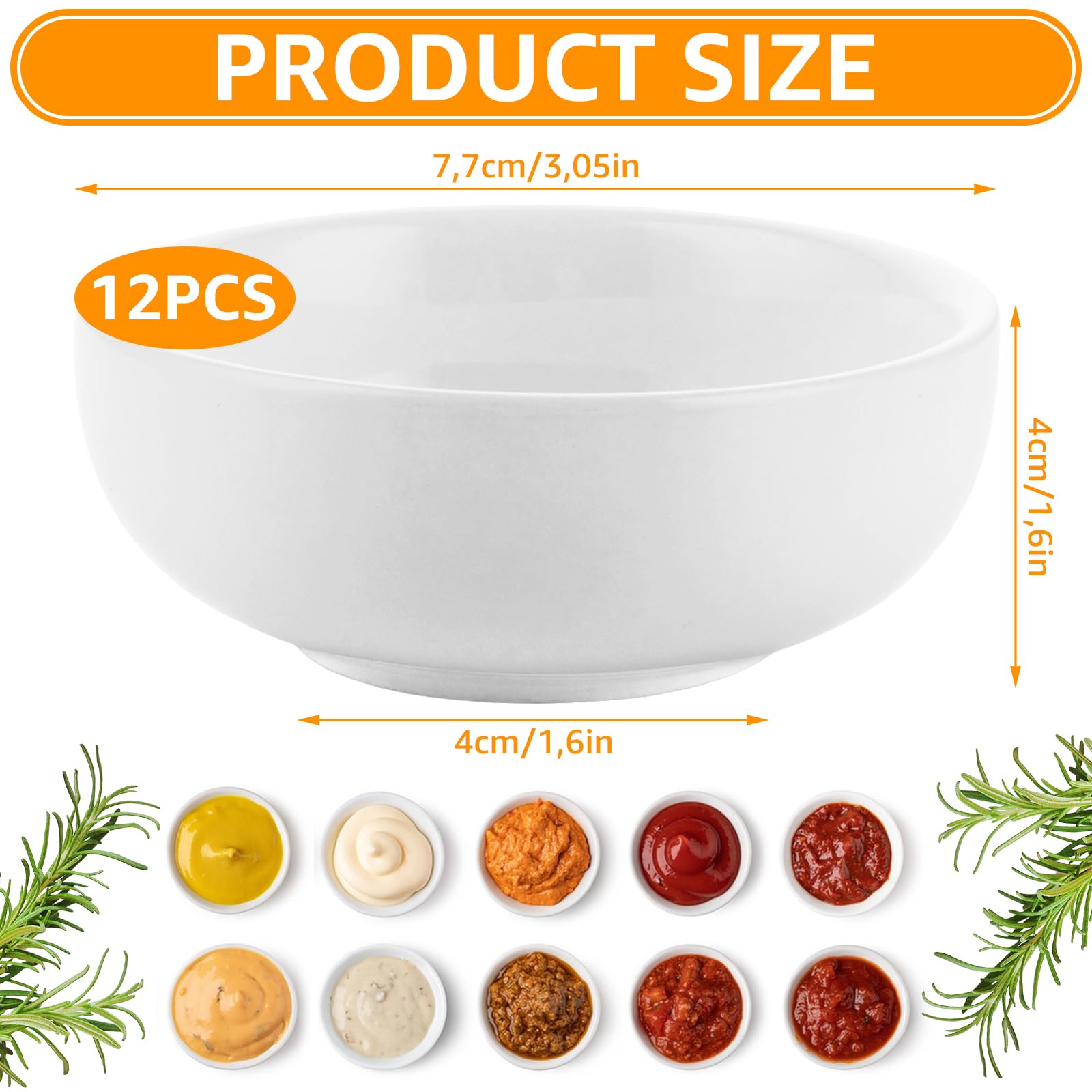 YAYODS 12 cuencos pequeños de cerámica, diámetro de 7,7 cm, color blanco, para salsa de soja, cuencos pequeños para salsa de soja, cuencos pequeños como cuencos para salsas, aperitivos y postres