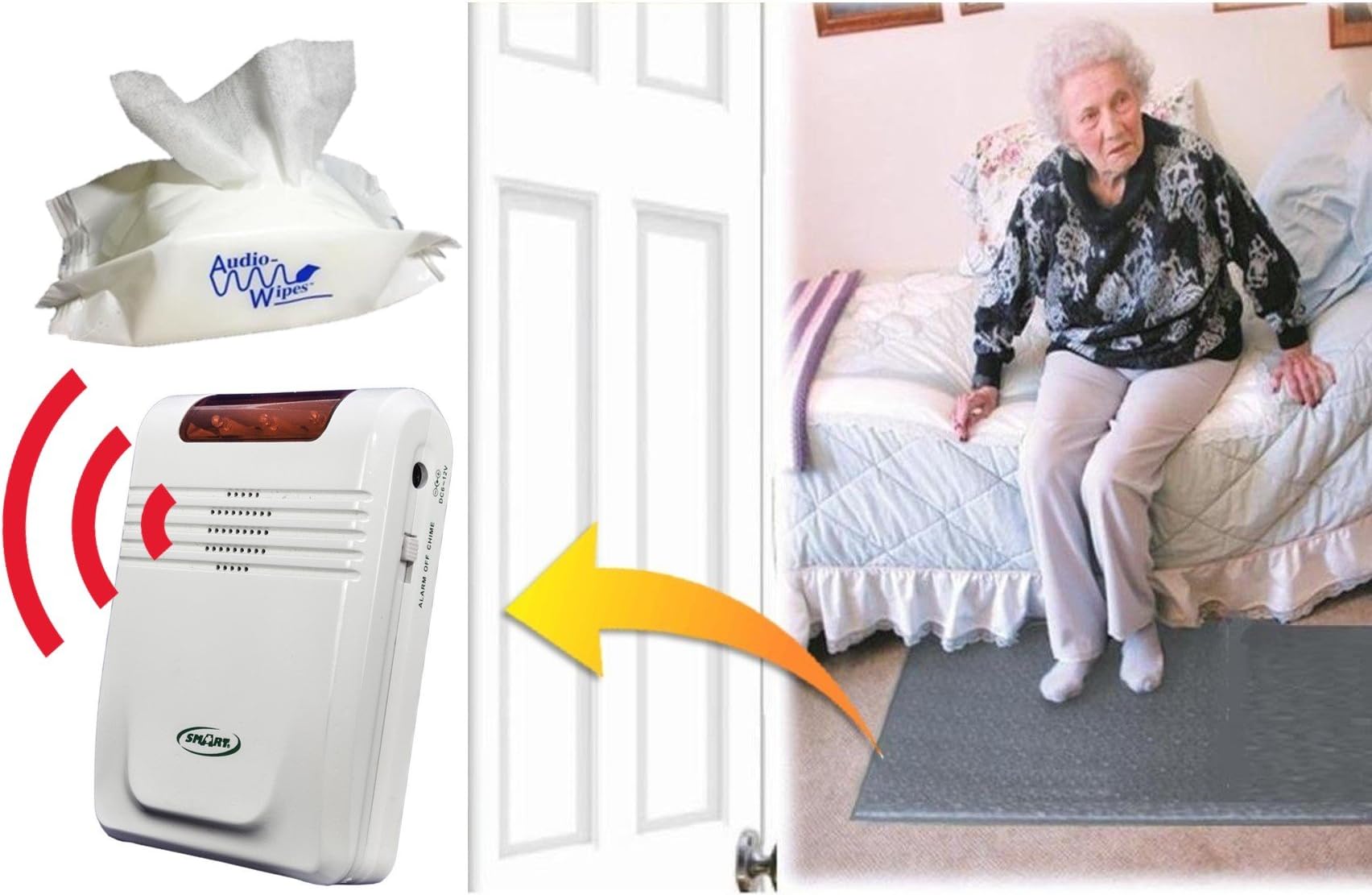 Smart Caregiver Economy Cordless Fall Monitor and Cordless Floor Mat Sensor Bundle with Pouch of 30 Cleaning Wipes