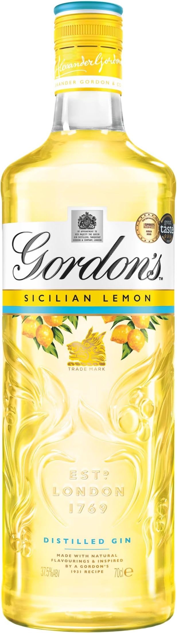 Gordon's Sicilian Lemon Distilled Gin | 37.5% vol | 70cl | Zesty Sicilian Lemons Balanced with Gordon's Gin Botanicals | Crisp Flavoured Gin | Enjoy in a Gin Glass with Tonic