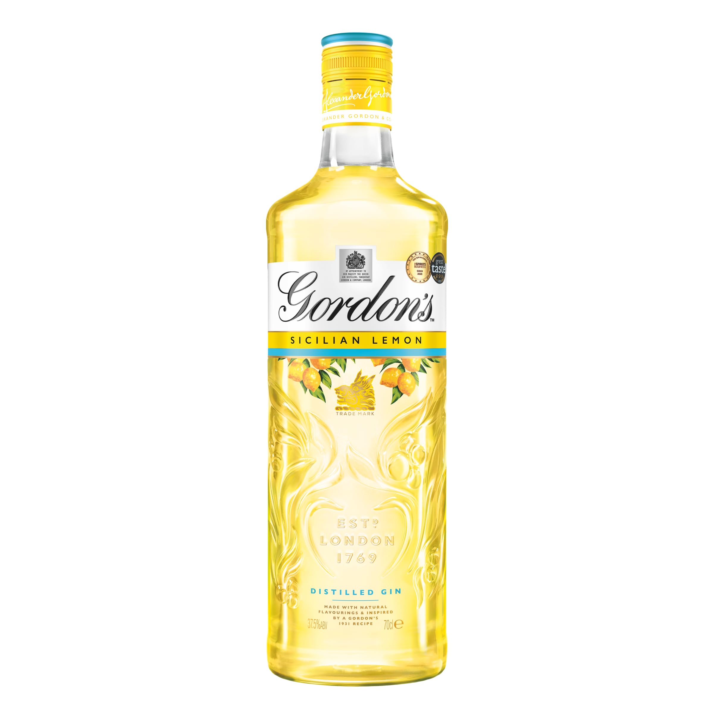 Sicilian Lemon Distilled Gin | 37.5% vol | 70cl | Zesty Sicilian Lemons Balanced with Gordon's Gin Botanicals | Crisp Flavoured Gin | Enjoy in a Gin Glass with Tonic