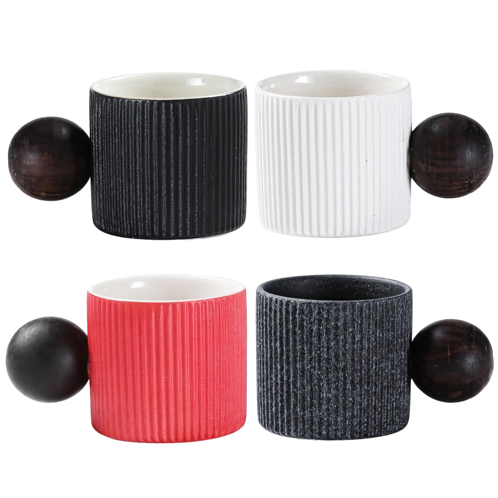 4 mini tazas de café expreso, taza de cerámica demitasse de 2 onzas con mango redondo de madera, taza de café con rayas verticales, agarre de madera antiquemaduras, taza de té de cerámica pequeña de