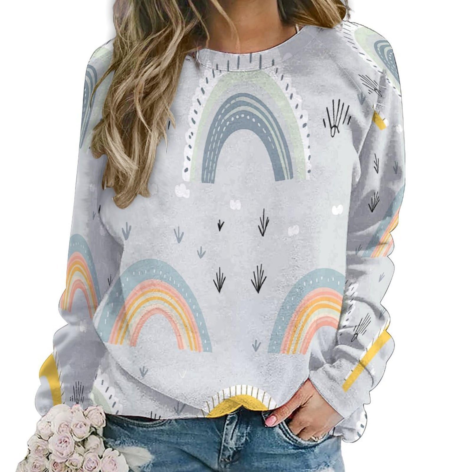 peiyeety Rainbow Womens Casual Crewneck Long Sleeve Sweatshirt, Minimalist Loose Fit Soft Pullover Tops, Gray