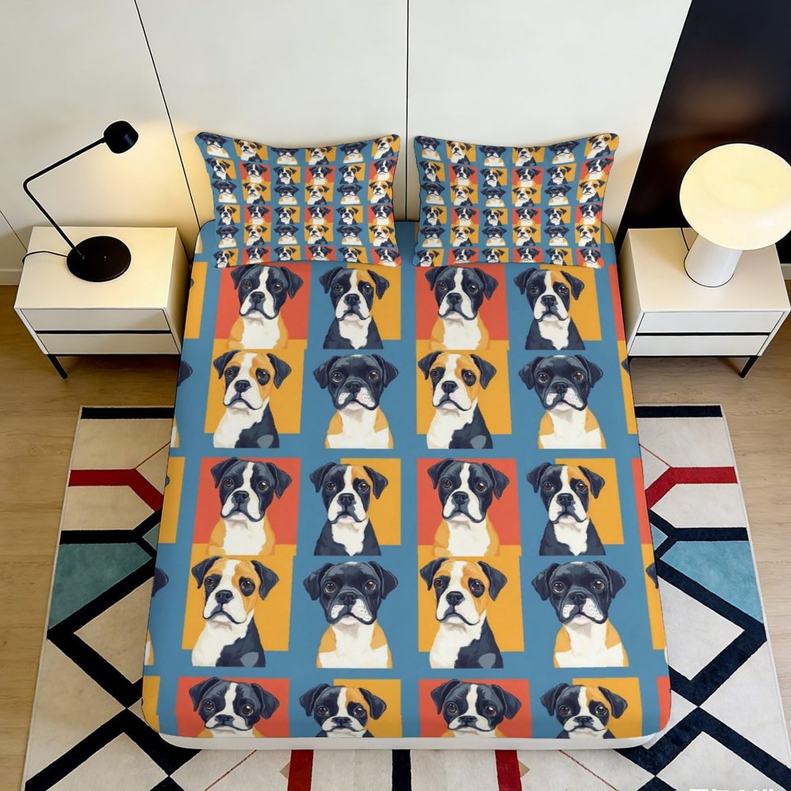 3D Printed Pop Art Dog Fitted Sheet Microfiber Deep Pocket Bedroom Bedding Set Dog Mattress Fitted Cover Non-Slip Full Wrap Washable 140x200x25cm