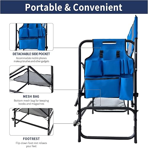 Miniatura 4 de Silla plegable alta de directores con mesa auxiliar de 26.77 pulgadas de altura del asiento, silla de campamento plegable, taburete de bar para