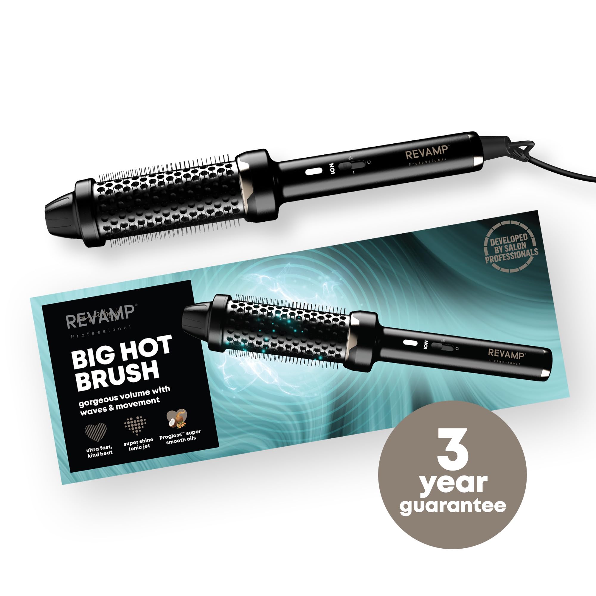 Revamp Progloss Big Hot Brush zapewnia objętość, miękkość i blask; ultraszybkie ciepło, 2 ustawienia, łatwa w użyciu, ergonomiczna konstrukcja, technologia Ionic Jet, kabel 3 m i uniwersalne napięcie