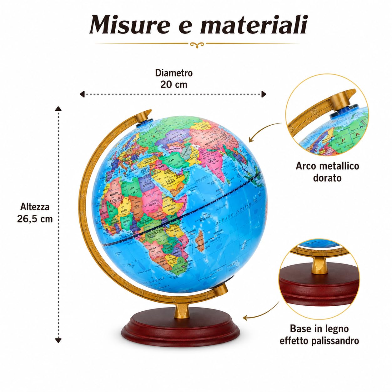 Exerz Mappamondo Illuminato 20 cm con Mappa Italiana e Costellazioni | Base in legno effetto palissandro arco metallico dorato luce LED USB per camera studio scuola regalo