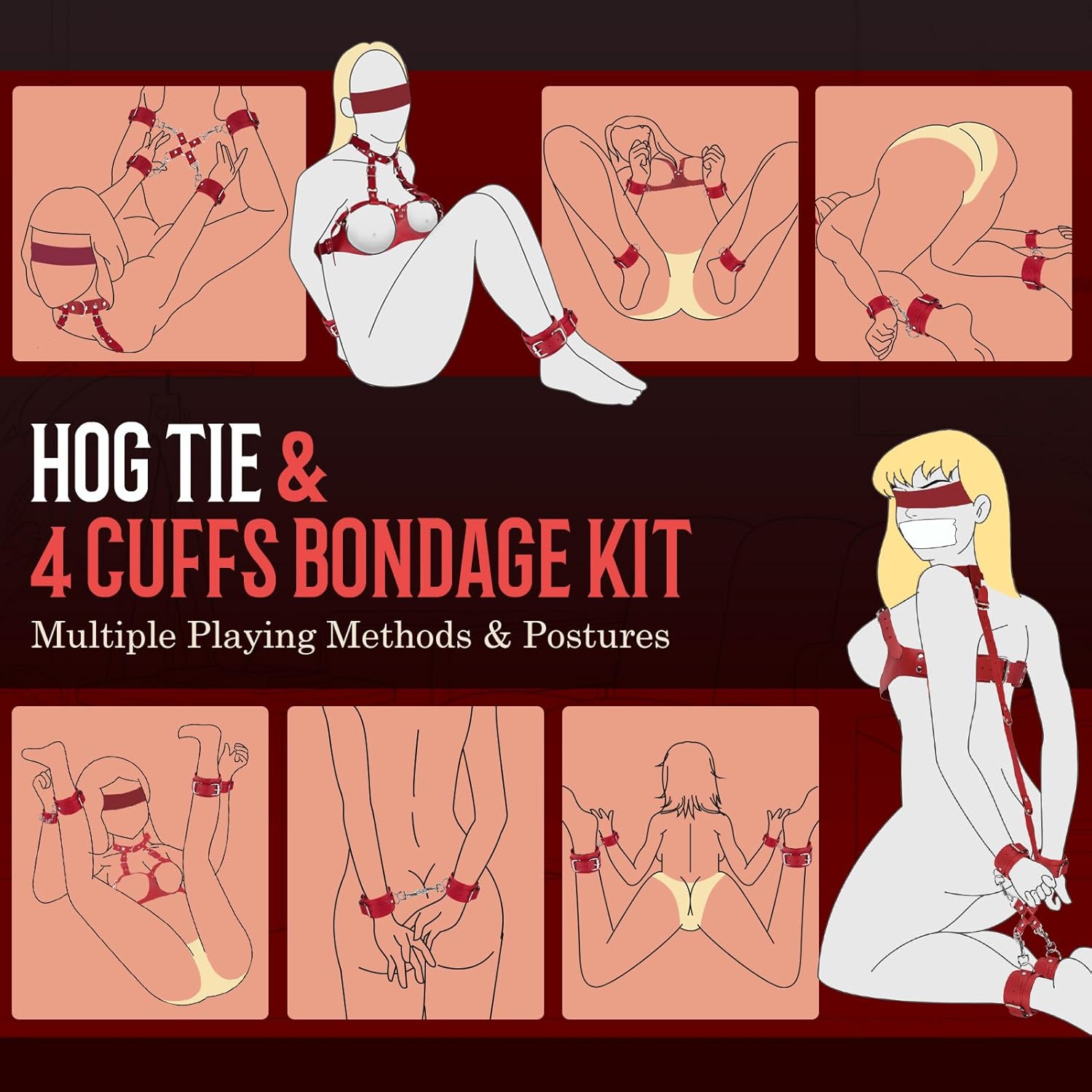 13-Pcs Sex Bondage Toys BDSM Beginners Kit for Women Couples, Adjustable Breasts Restraints, Collor and Leash, Wrist and Ankle Cuffs with Hog Tie, Behind Back Restraints, Blindfold & Tickler （ Red ）