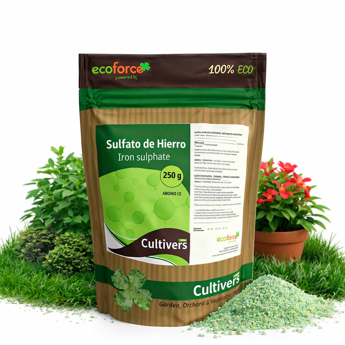 CULTIVERS Sulfato de Hierro Heptahidratado Granulado 250 g | Producto Mineral para Jardinería y Hogar, Uso Técnico en Suelos y Césped | Colorante para Hormigón Efecto Oxidado