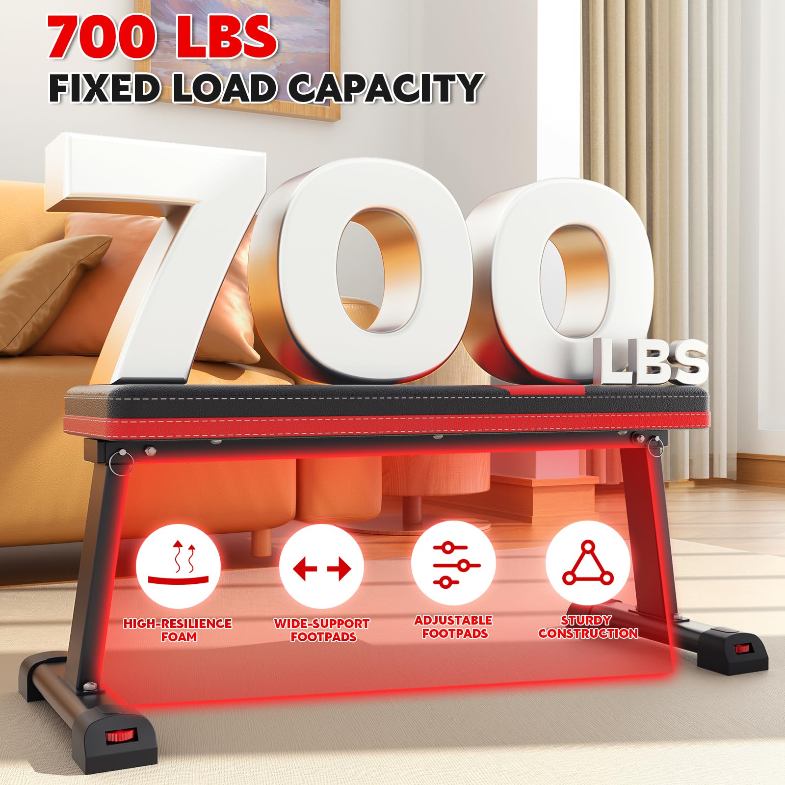 Flat Bench, 700LBS Capacity Widened Adjustable Footrests Foldable Flat Bench For Exercise Workout, Easy Assembly For Strength Training At Home Gym