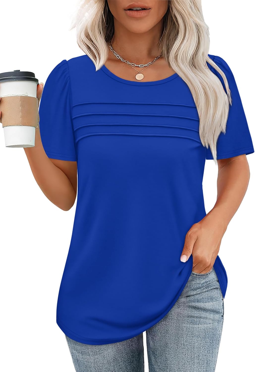 OFEEFAN Womens T Shirts Short Sleeve Tops Dressy Casual Blouses Spring Summer Outfits Flowy Pleated Front Scooped Neck - Image 2