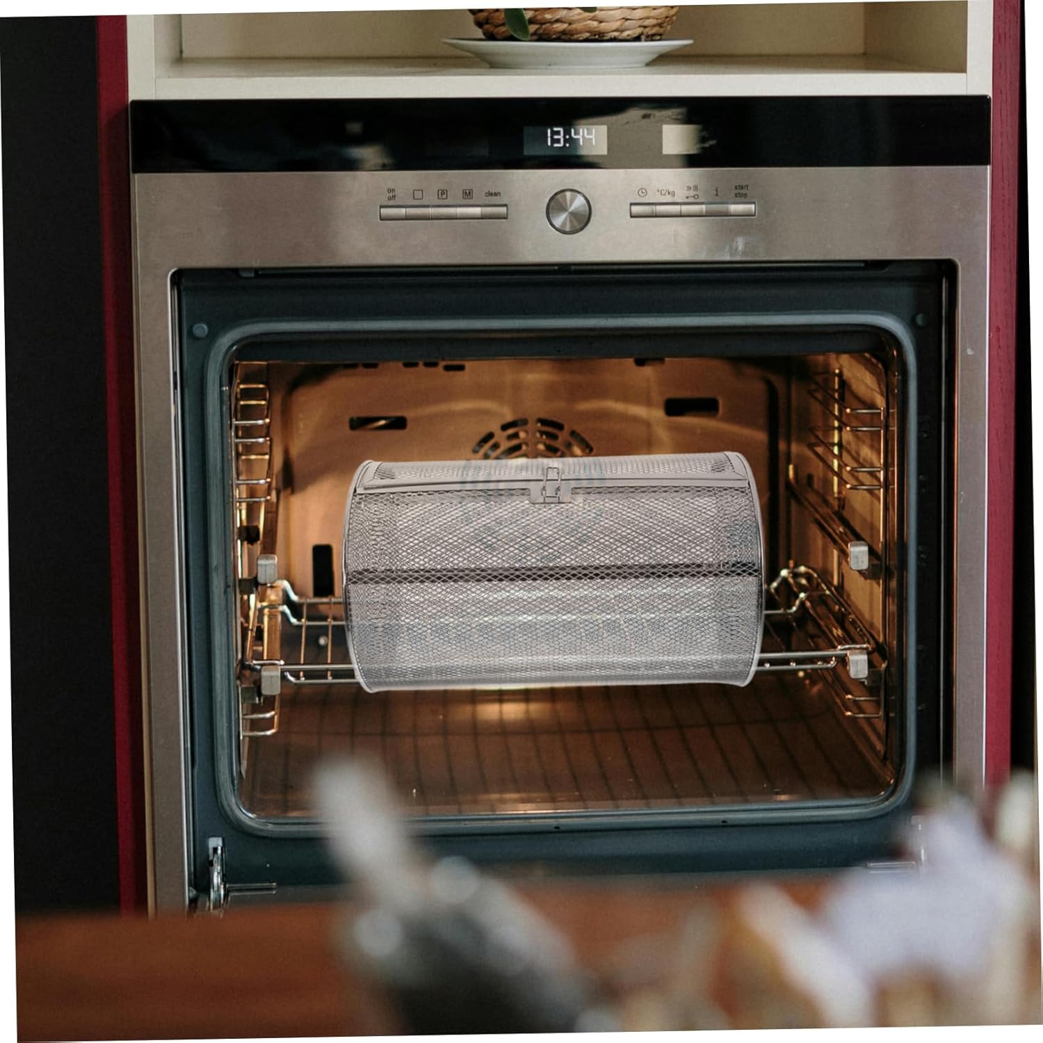 Rotary Grilled Cage for Oven Rotating Stainless Steel Barbecue Basket with Unique Door Design for Even Heating and Access for Nuts and Bbq Dishes