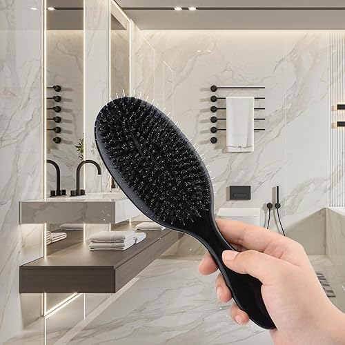 Vista 8 de Cepillo desenredante de cerdas de jabalí para cabello natural rizado, fino, lacio, antiencrespamiento, cepillo desenredante, cepillo de cerdas