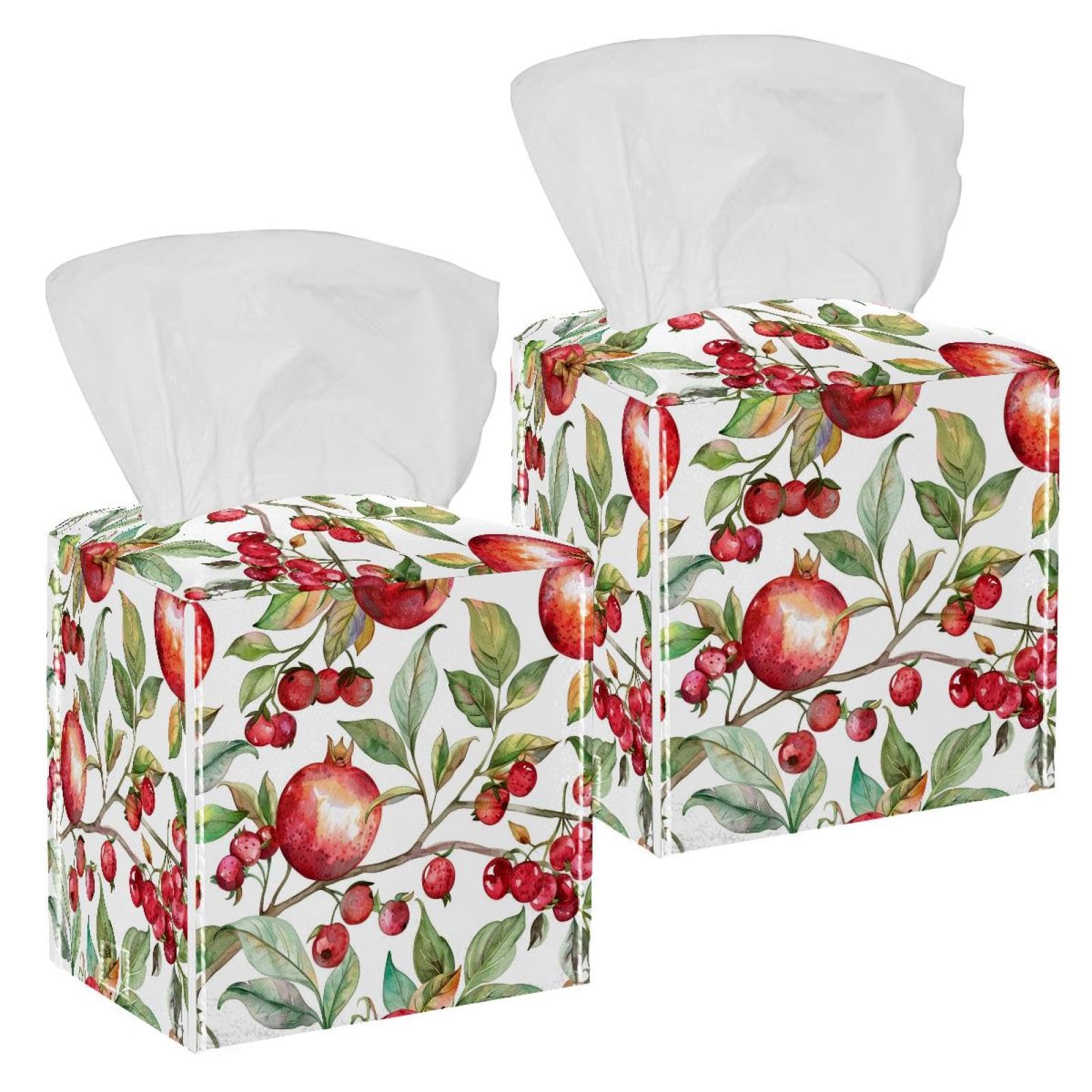 Pomegranate with Leaves Branches Tissue Box Cover, 2 Pack PU Leather Square Facial Tissue Dispenser Box holder for Home Office Car