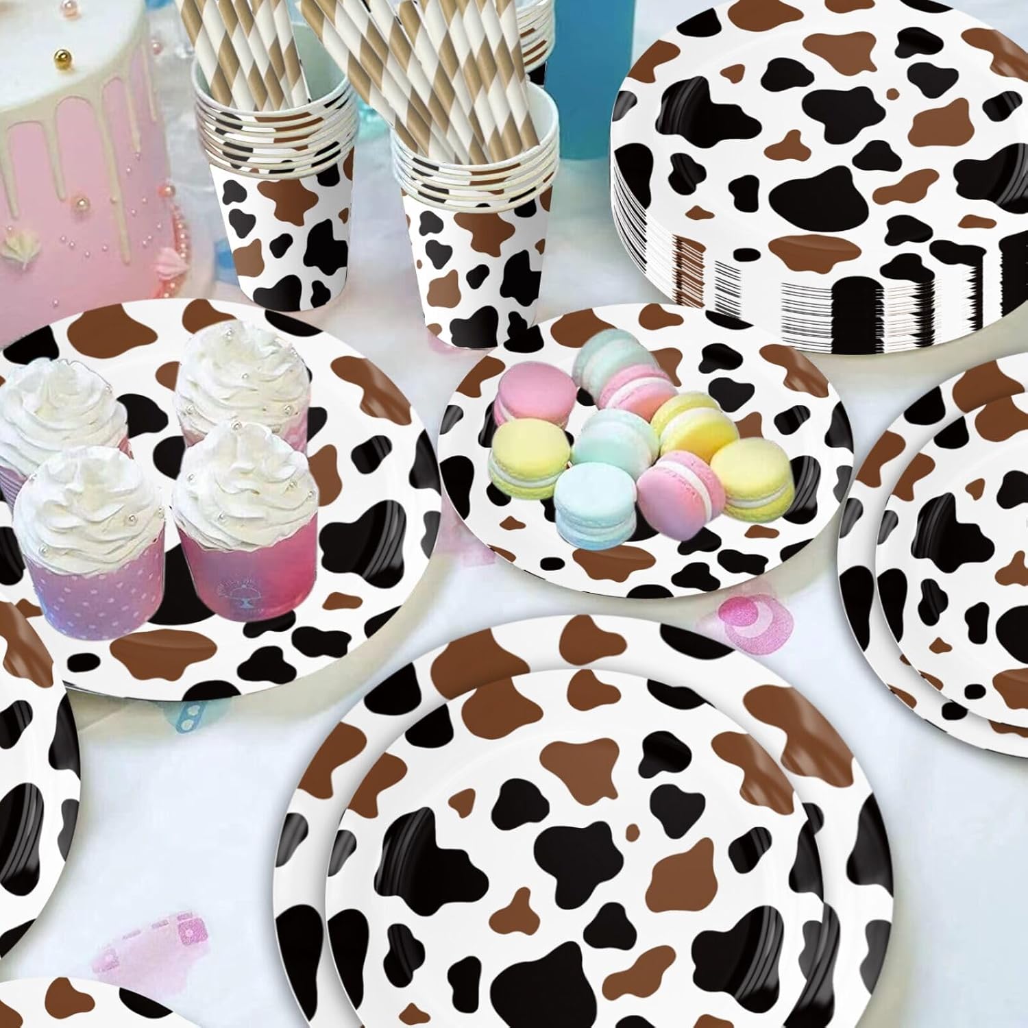 Cow Print Party Supplies, Cow Print Party Tableware Complete Pack Include Black Brown Cow Plates, Napkins, Cups Straws for Cow Birthday Baby Shower Farm Animal Party Decorations - Image 5