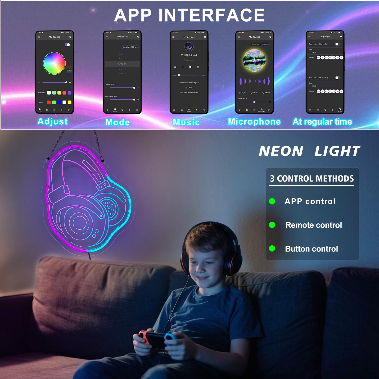 Insegna al neon con cuffie da gamer, regalo a forma di cuffie, luce notturna per bambini, con telecomando, dimmerabile, decorazione da parete per stanza dei giocatori, come regalo di Natale e