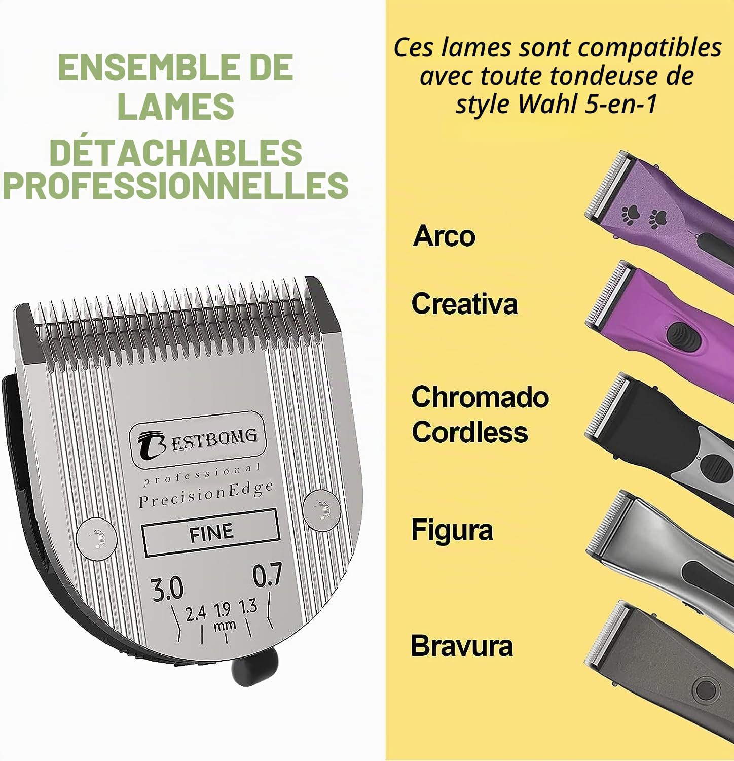 BESTBOMG Lot de 2 lames de chien professionnelles 5 en 1 avec longueur de coupe réglable de 0,7 à 3 mm, compatible avec Wahl Arco, Bravura et Moser Arco 1870/1871/1872/1873/1854