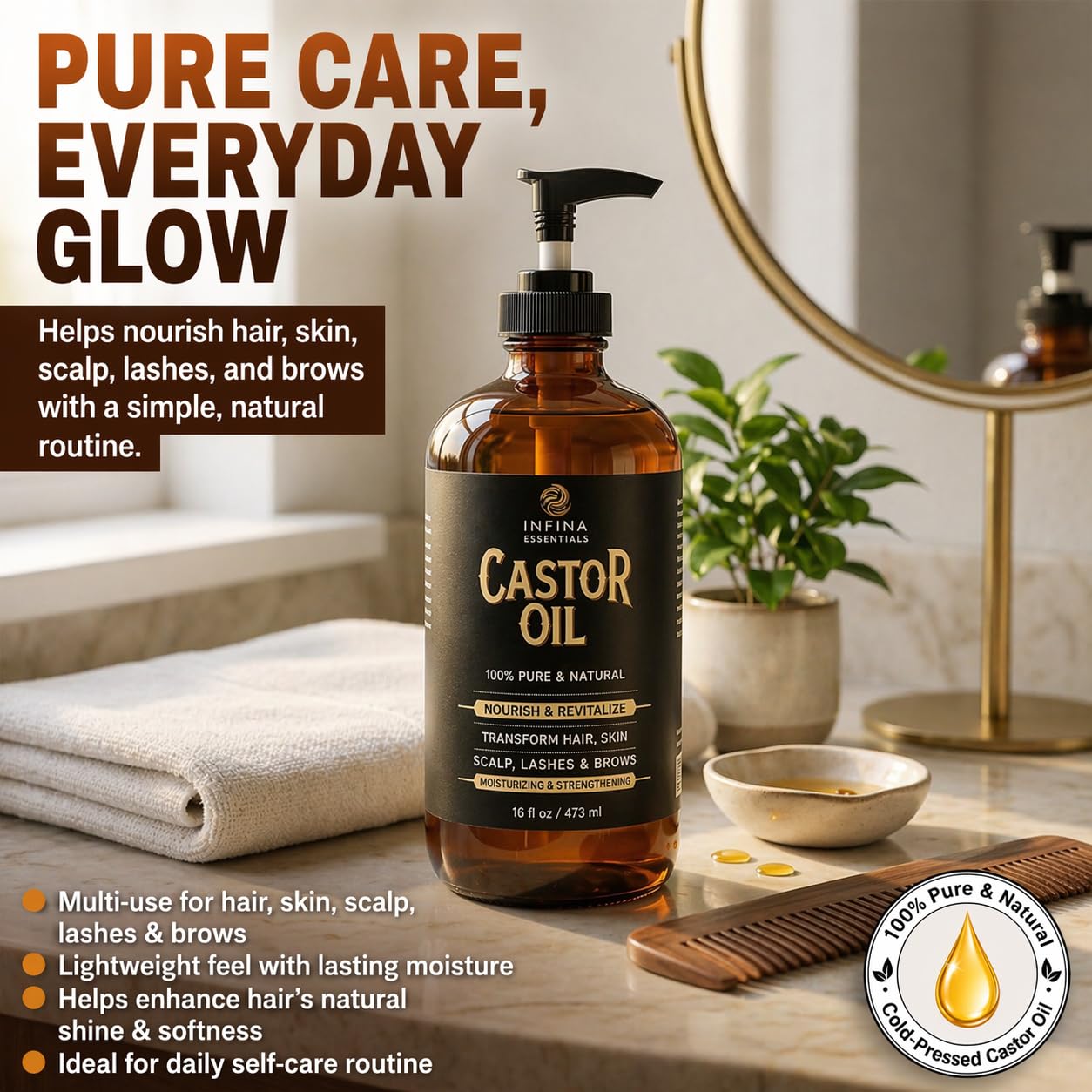 INFINA ESSENTIALS Pure Castor Oil for Hair Growth, Scalp, Skin, Face & Eyelashes - 100% Pure Hexane Free Cold Pressed Castor Oil Glass Bottle - Nourish & Moisturize Hair & Skin - 16 fl oz