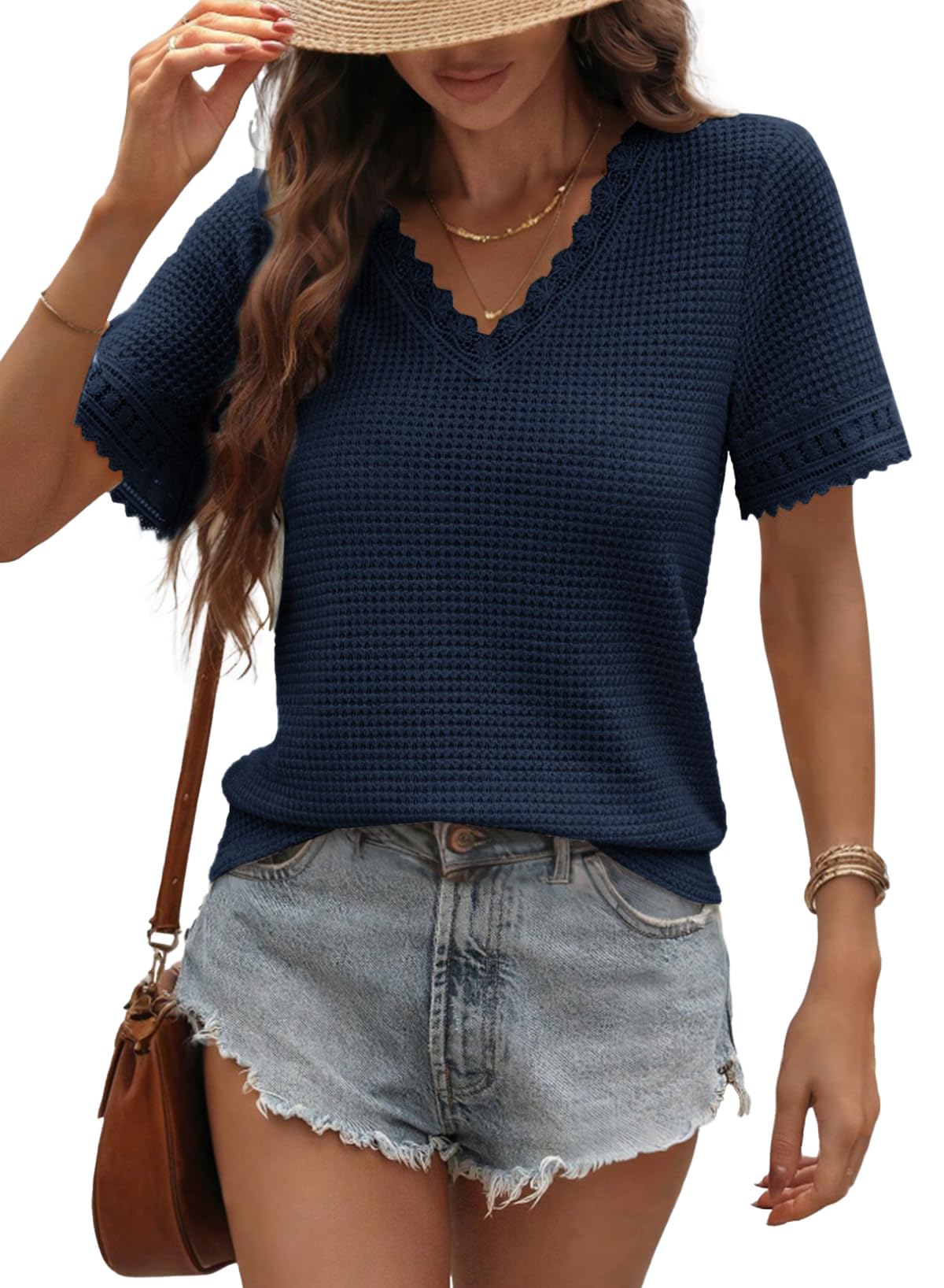 Chicrise Damen Tshirt Sommer Spitze T Shirt Waffle Strickt V-Ausschnitt Tunika Loose Leicht Blau X-Groß 46-48