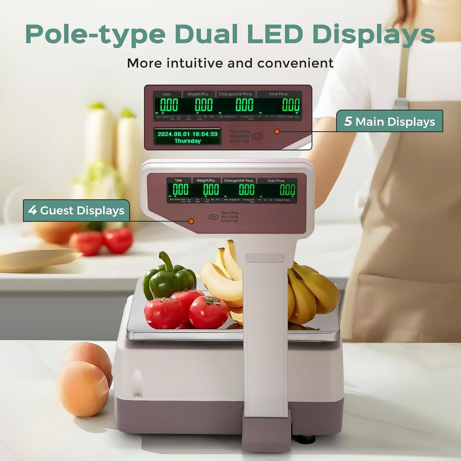 Cyfrowa waga do drukowania etykiet cenowych, dwustronny wyświetlacz LCD 30 kg, elektroniczna waga kodów kreskowych z drukarką termiczną do supermarketu
