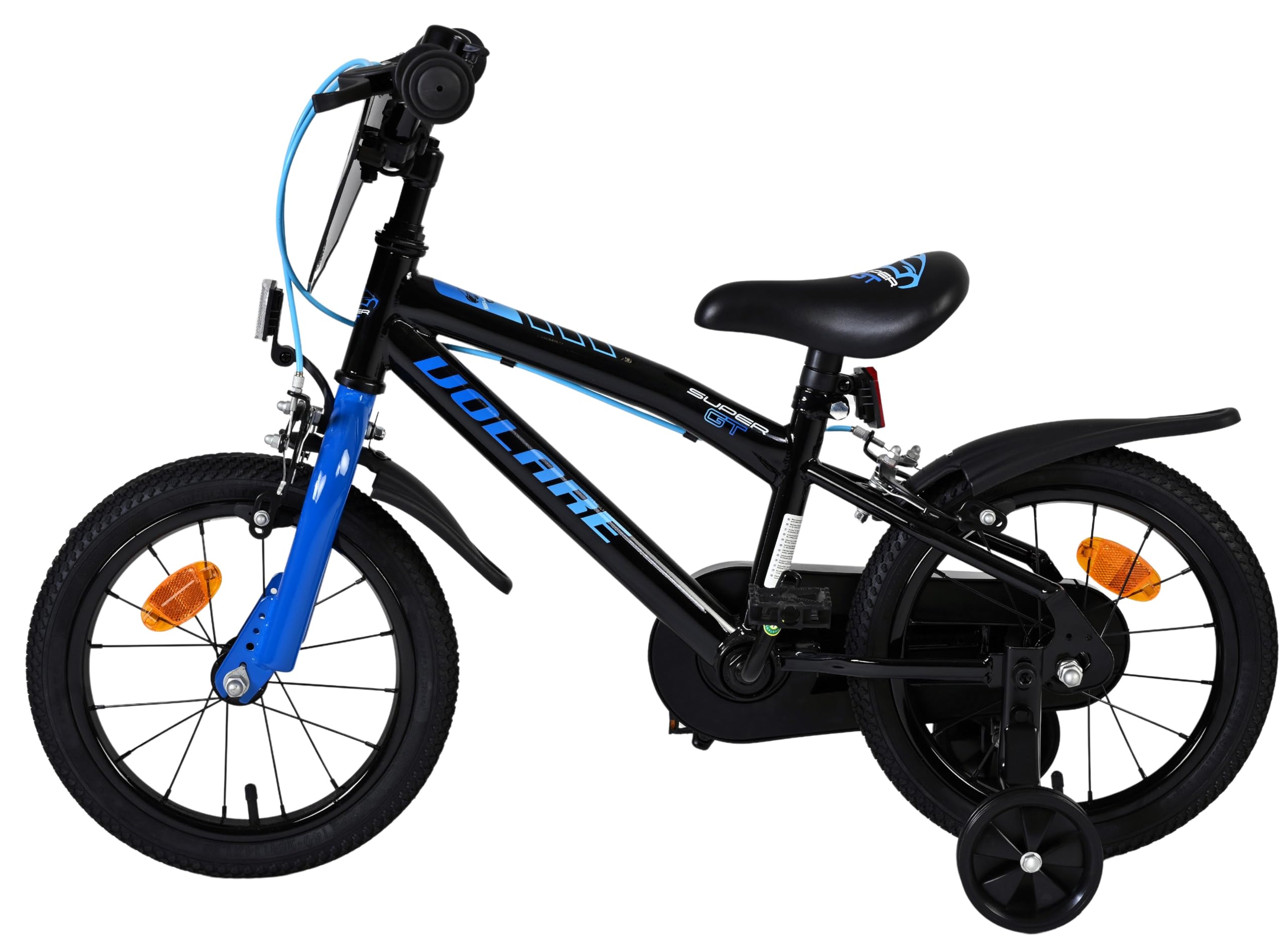 Volare Super GT Kinderfahrrad blau 14 Zoll | 3,5–5 Jahre | 2 Handbremsen, Stützräder, Kettenschutz, Reflektoren | Verstellbarer Sattel | Geschenk für Jungen & Mädchen