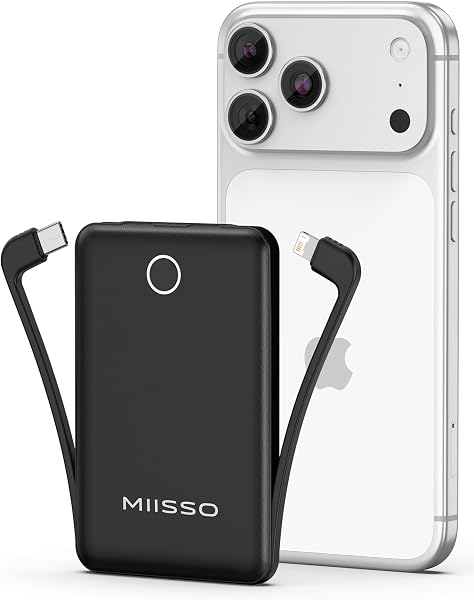 miisso 10000mAh Mini Portable Charger with Built in Cable, Black