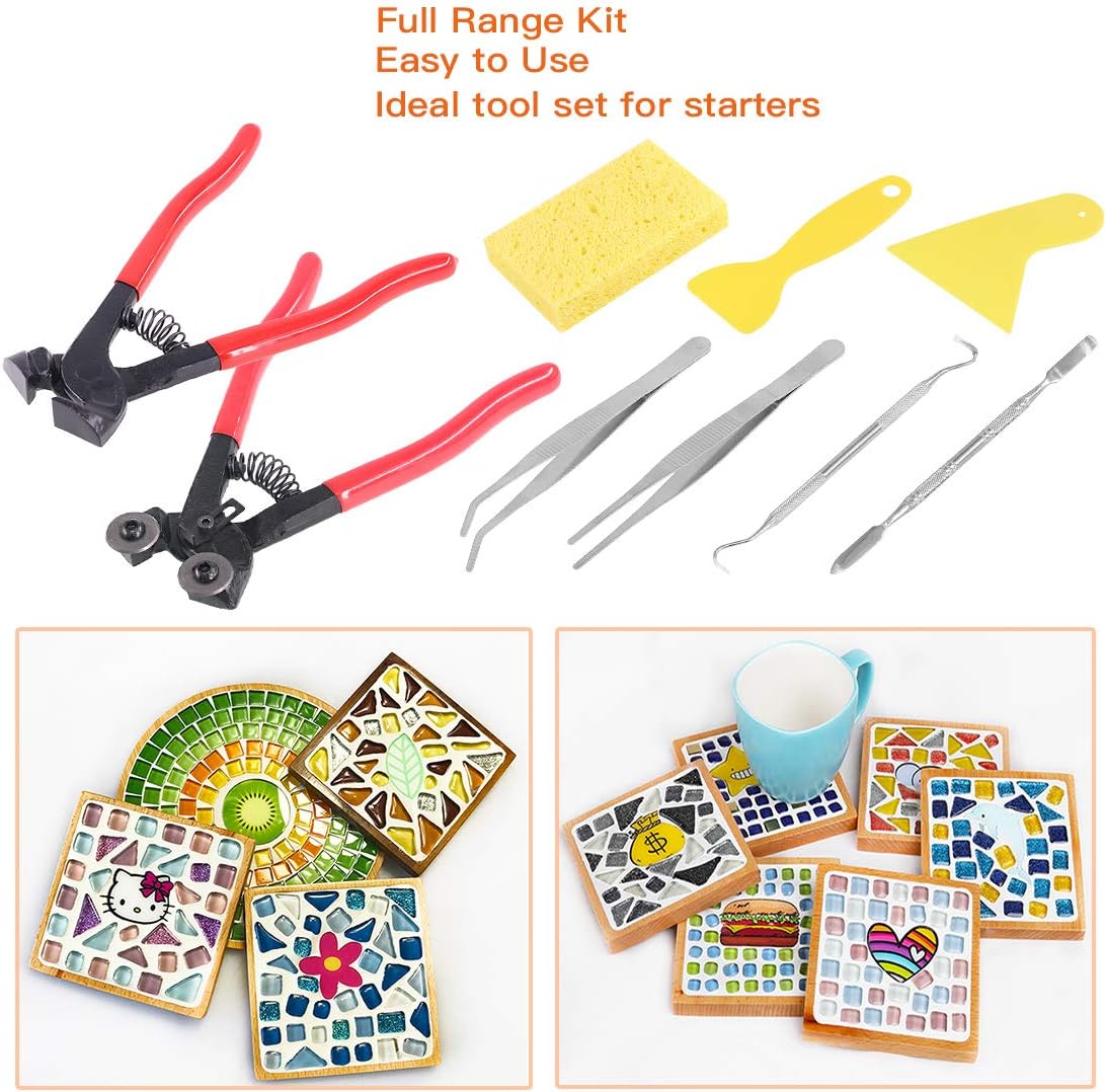 Rustark 9 Pcs Mosaic Tile Nippers Kit High Hardness 1 Piece Wheeled Glass Nippers and 1Piece Cutting Nippers Come with 7 Pcs Mosaic Tool for Handmade Artcraft and Home Decorations
