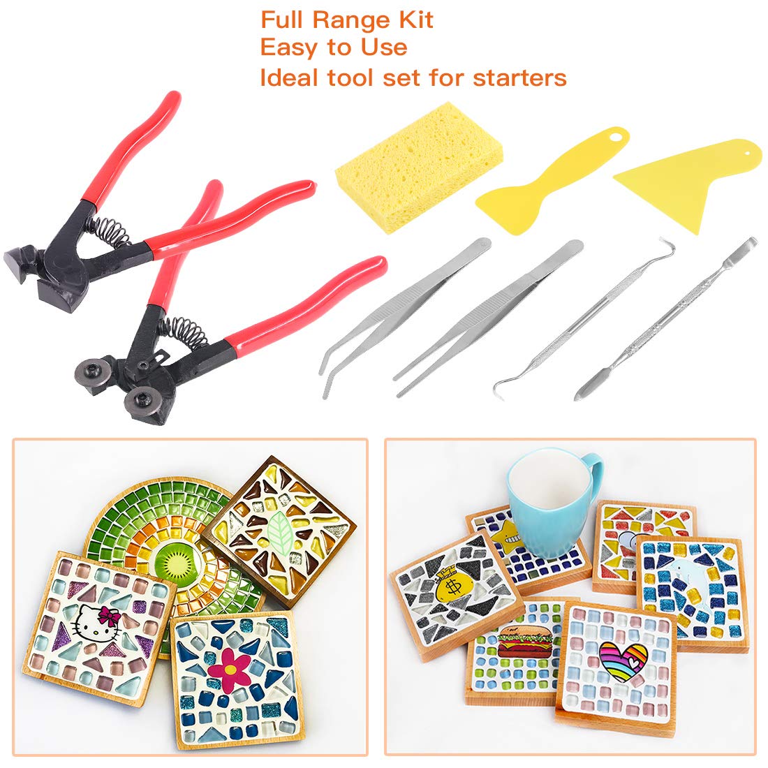 Rustark Kit de 9 pinces à carrelage de mosaïque haute dureté, 1 pince à verre à roulettes et 1 pince de coupe livrée avec 7 outils de mosaïque pour artisanat et décoration d'intérieur