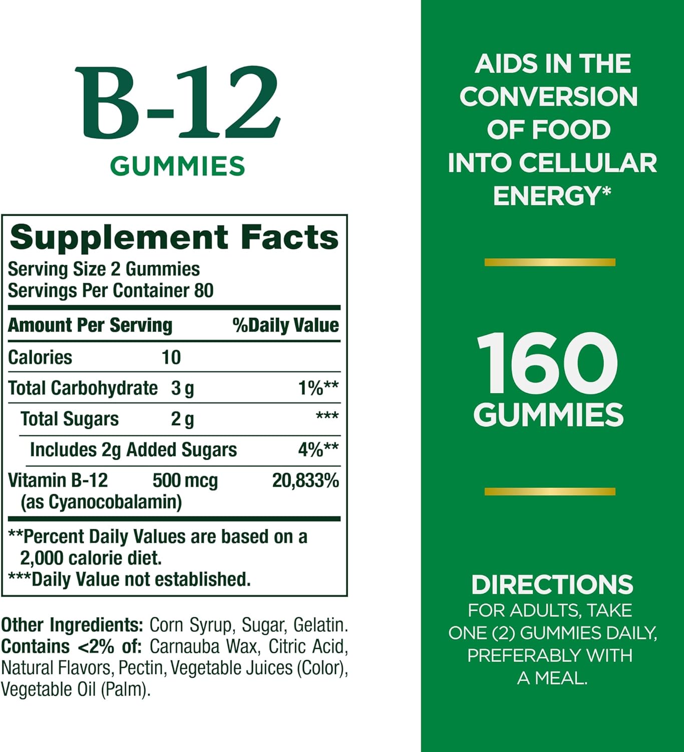 Nature's Bounty Vitamin B12 Gummies, Dietary Supplement, Supports Energy Metabolism and Nervous System Health, Mixed Berry Flavor, 500mcg, 160 Count (Pack of 2)