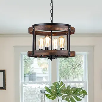 4-Light Rustic Farmhouse Wood Pendant Light Fixture with Adjustable Chain, 16.5 inch Oak Wood Drum Chandelier for Dining Room Kitchen Island