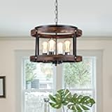 4-Light Large Rustic Farmhouse Wood Pendant Light Fixture with Adjustable Chain, 16.5 inch Oak Wood Drum Chandelier for Dining Room Kitchen Island Farmhouse Living Room Hallway, Black