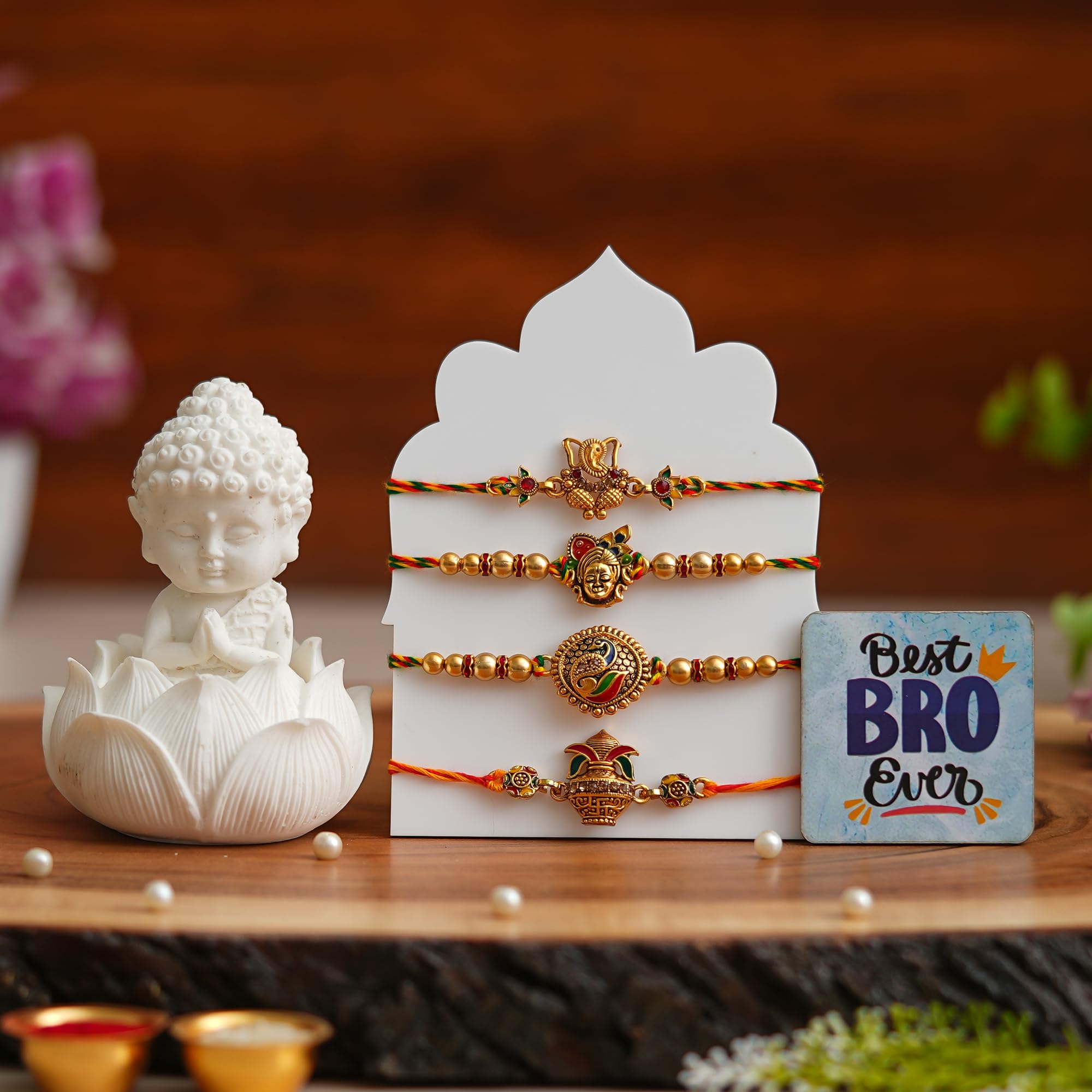 eCraftIndia Set of 4 Designer Rakhi with Buddha Showpiece & Best Bro Ever Fridge Magnet | Premium Raksha Bandhan Gift Set for Brother | Roli Chawal