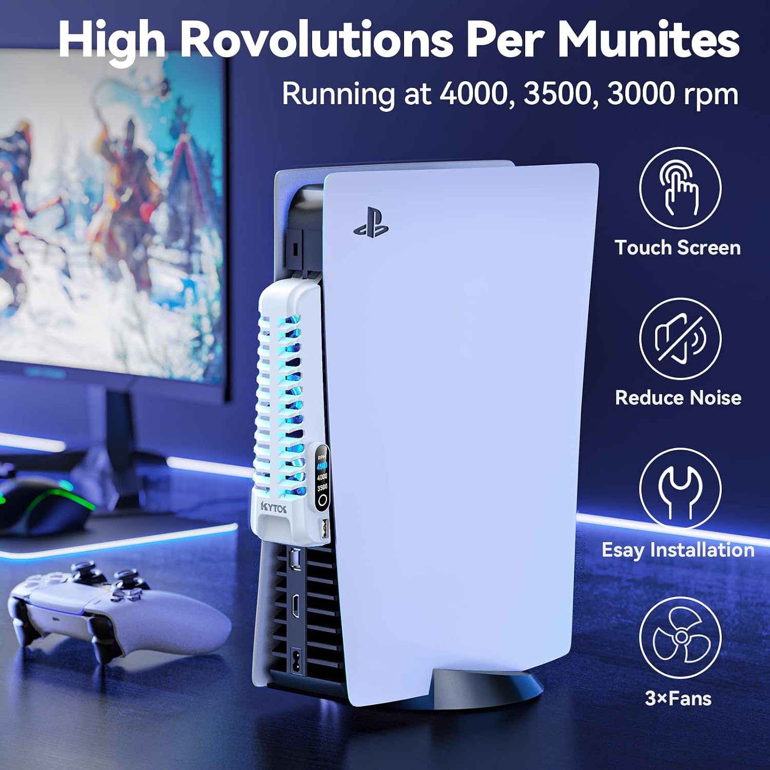 Kytok PS5 Cooling Fan with 3 Fan Speed Setting, Quiet PS5 Fan Upgraded with 9 Blades and Extra USB HUB, PS5 Cooler with Touch Screen Compatible with Playstation 5 Digital & Disc Edition