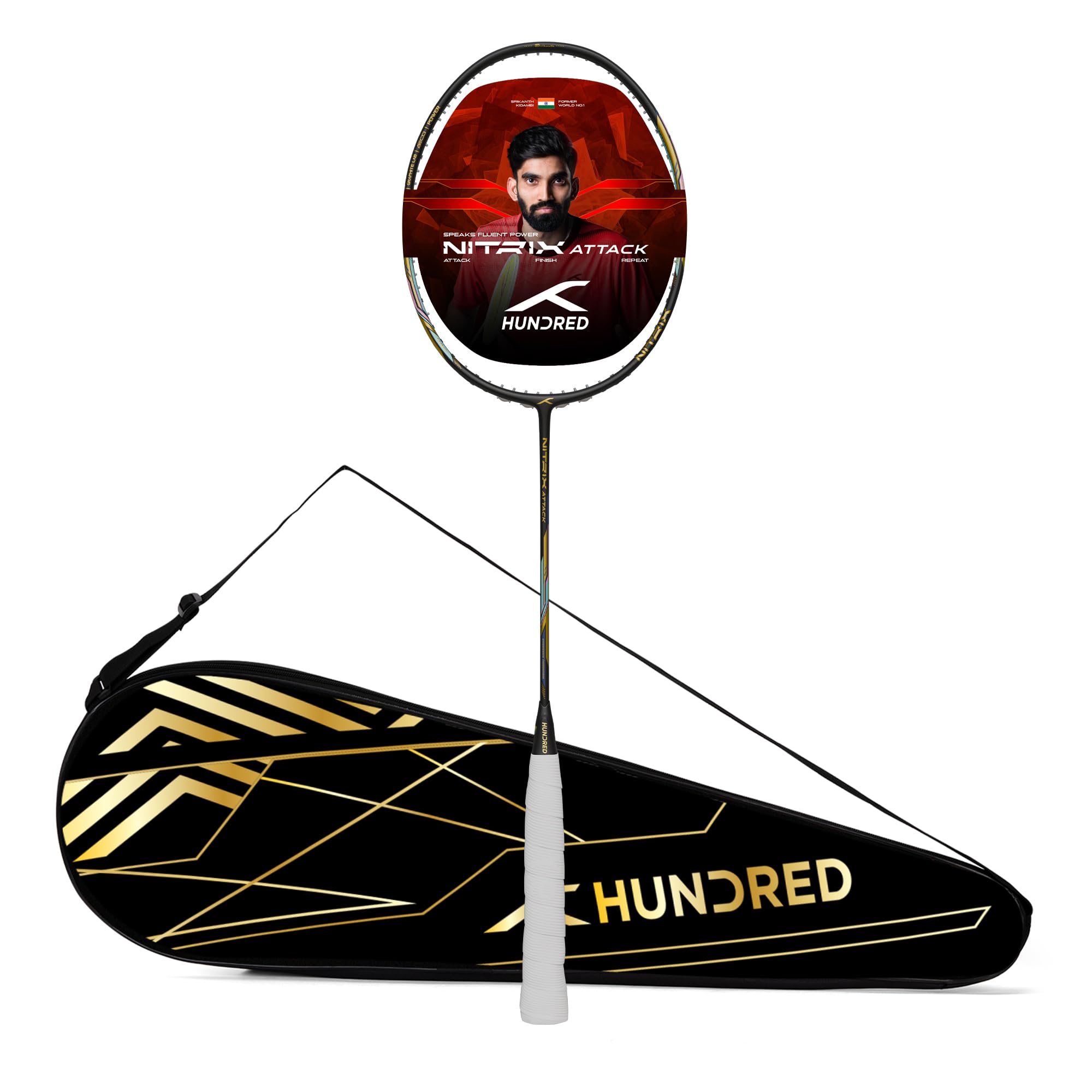 hundred nitrix attack | ultra-light carbon fibre badminton racket | head-heavy power | max tension 32lbs | flexible shaft for fast swings | intermediate/advanced level | includes full cover