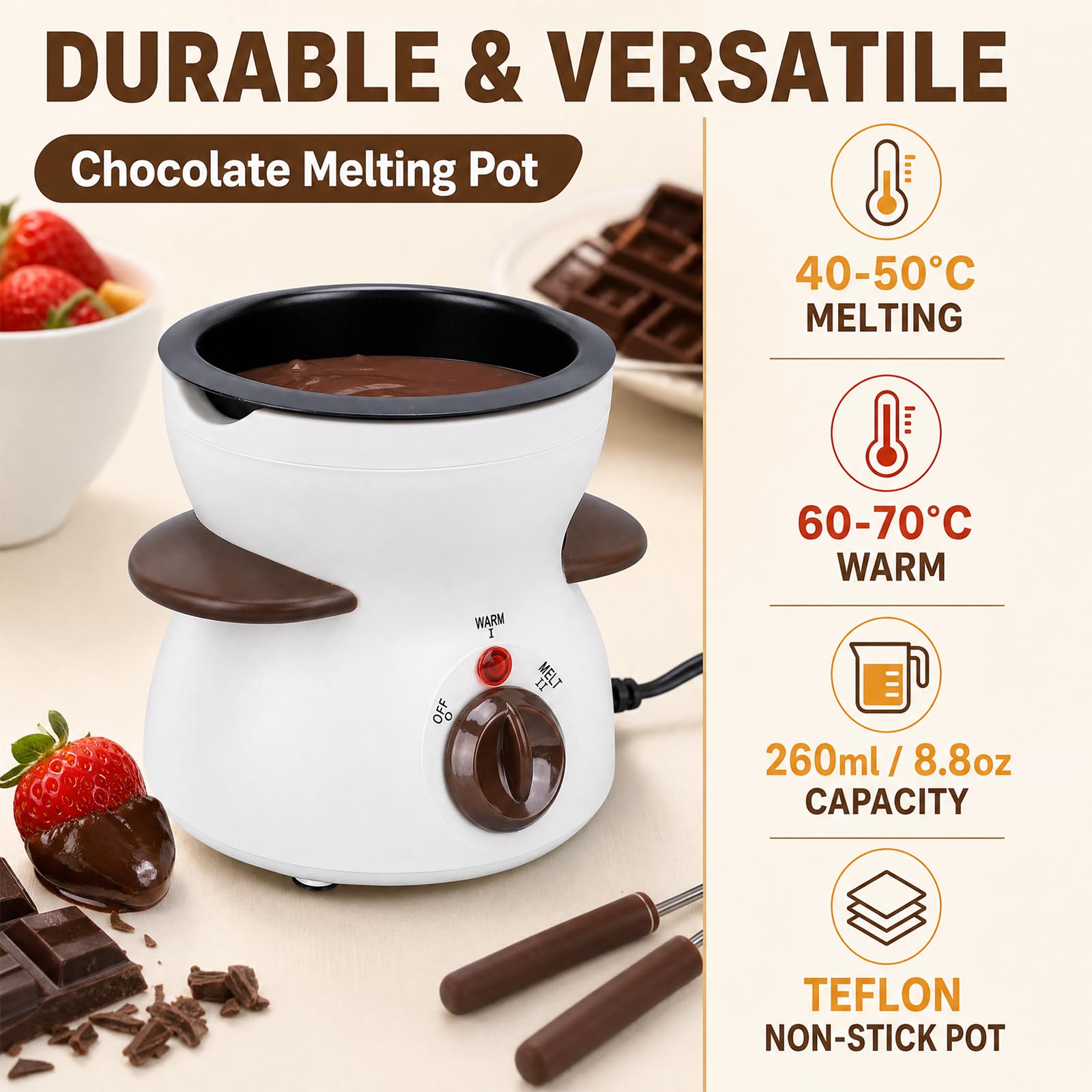 Fondue de chocolate eléctrico de 300 ml, derretidor de chocolate con 8 tenedores de acero inoxidable, juego de fondue para derretir chocolate y cobertura, regulador de temperatura para postres