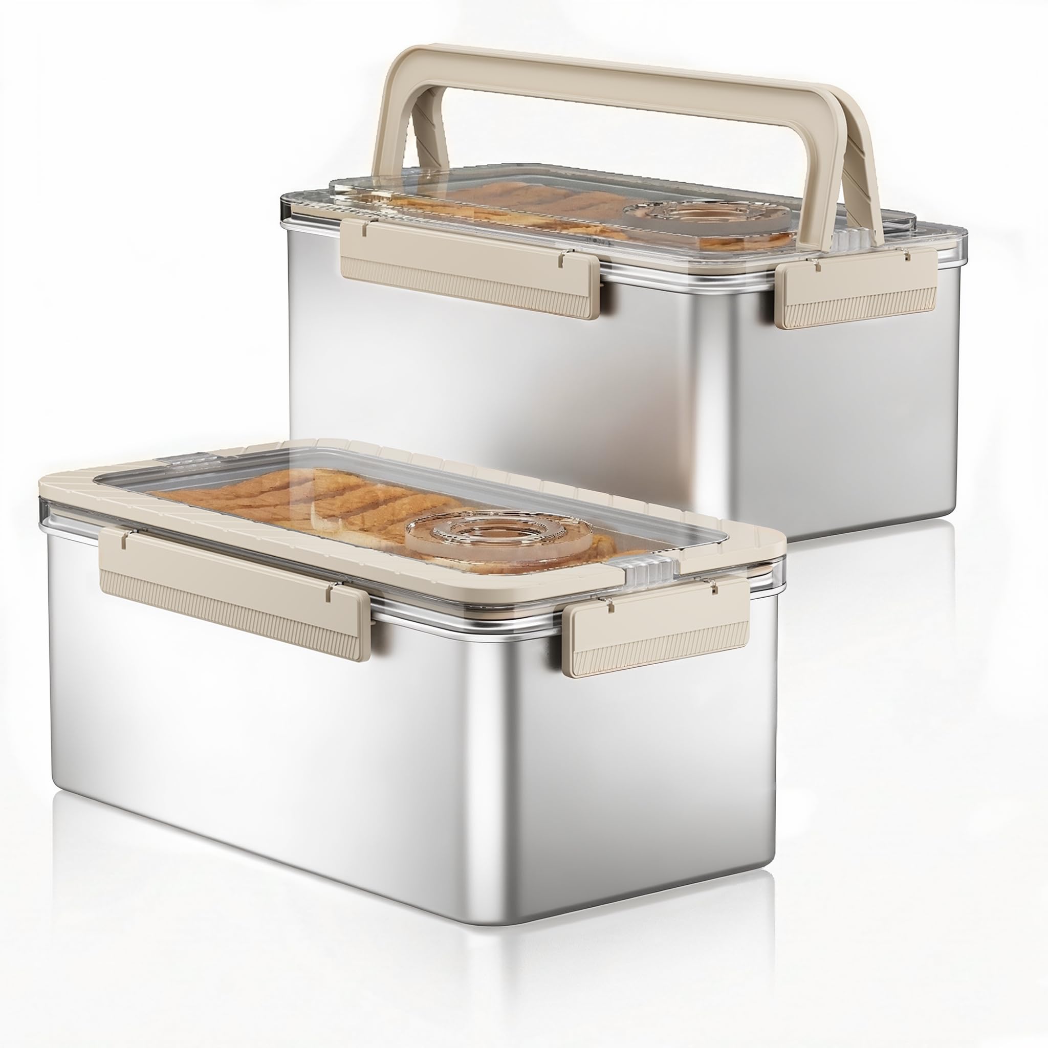 Photo 1 of QCQHDU Bread Containers, Time Recording Stainless Steel Corner Fresh Bread Box Airtight Keeper Food Storage Container for Kitchen Countertop Homemade Breadbox BPA Free, 5800ML Large Capacity 2 Pack