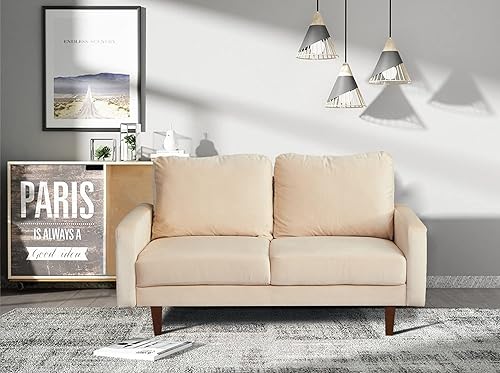 Miniatura 6 de INSTORY Sofá de terciopelo de mediados de siglo moderno sofá copetudo con patas de madera para sala de estar, color beige