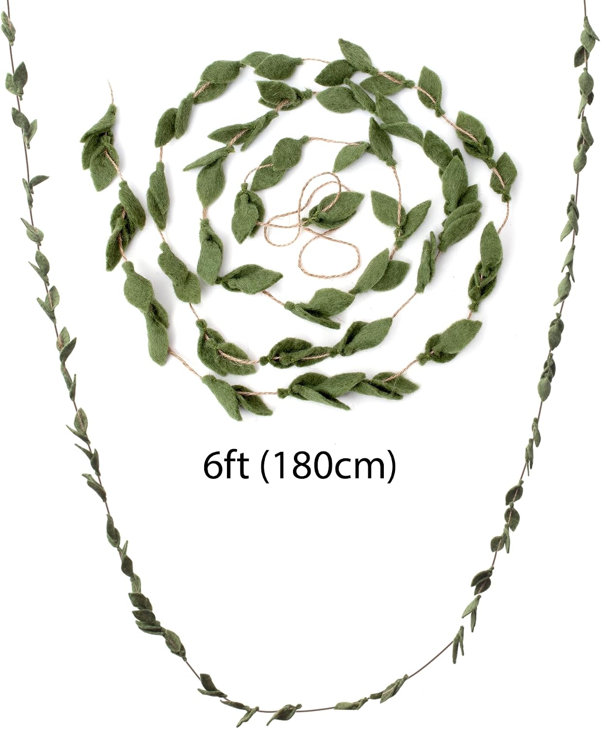 Glaciart One Felt Leaves Garland - Faux Greenery for Living Room, Bedroom, Nursery - Natural New Zealand Wool, Hand Felted in Nepal - Suitable for Christmas, Thanksgiving, Wedding Decorations - 6ft.
